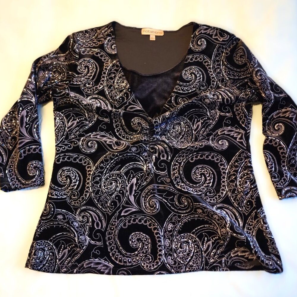 Notations Black & Silver Evening Blouse-3/4 Sleeve-Women's Size Large -Nice!